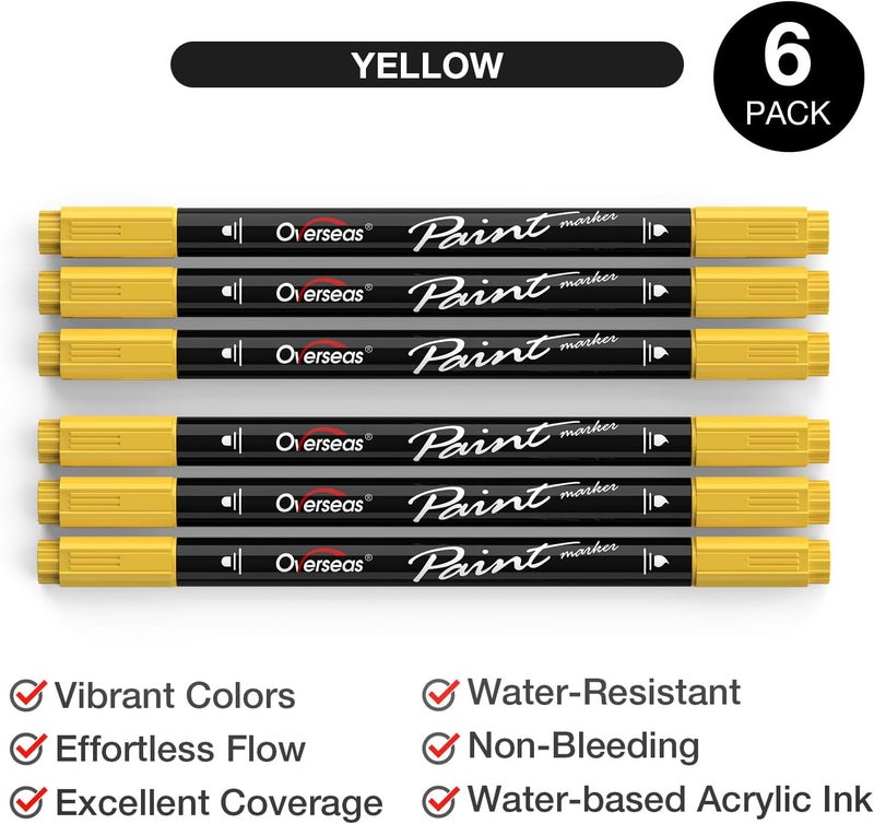 Overseas Yellow Acrylic Paint Markers, 6 Pack Dual Tip Paint Pens Acrylic Markers - Dot and Brush Tip Coloring Marker for Wood, Rock, Canvas, Glass, Metal, Plastic, Rubber, Fabric, School Supplies - Image 2